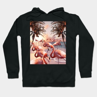 Flamingo Palm, Flamingos On Beach, Sunset Trees Hoodie